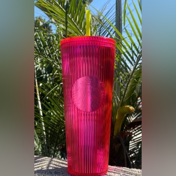 Starbucks Pink Pleated Cup Magenta Iridescent Bling Tumbler 24oz Venti New 2023 - Picture 9 of 10
